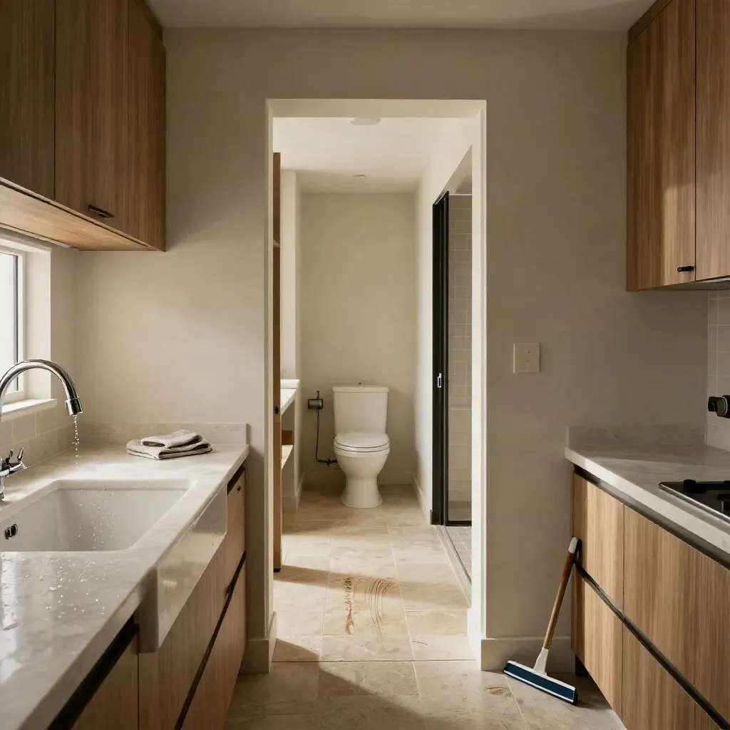 Freshly cleaned kitchen-bath corridor with beaded faucet, wiped shelves, and drying stone floors.