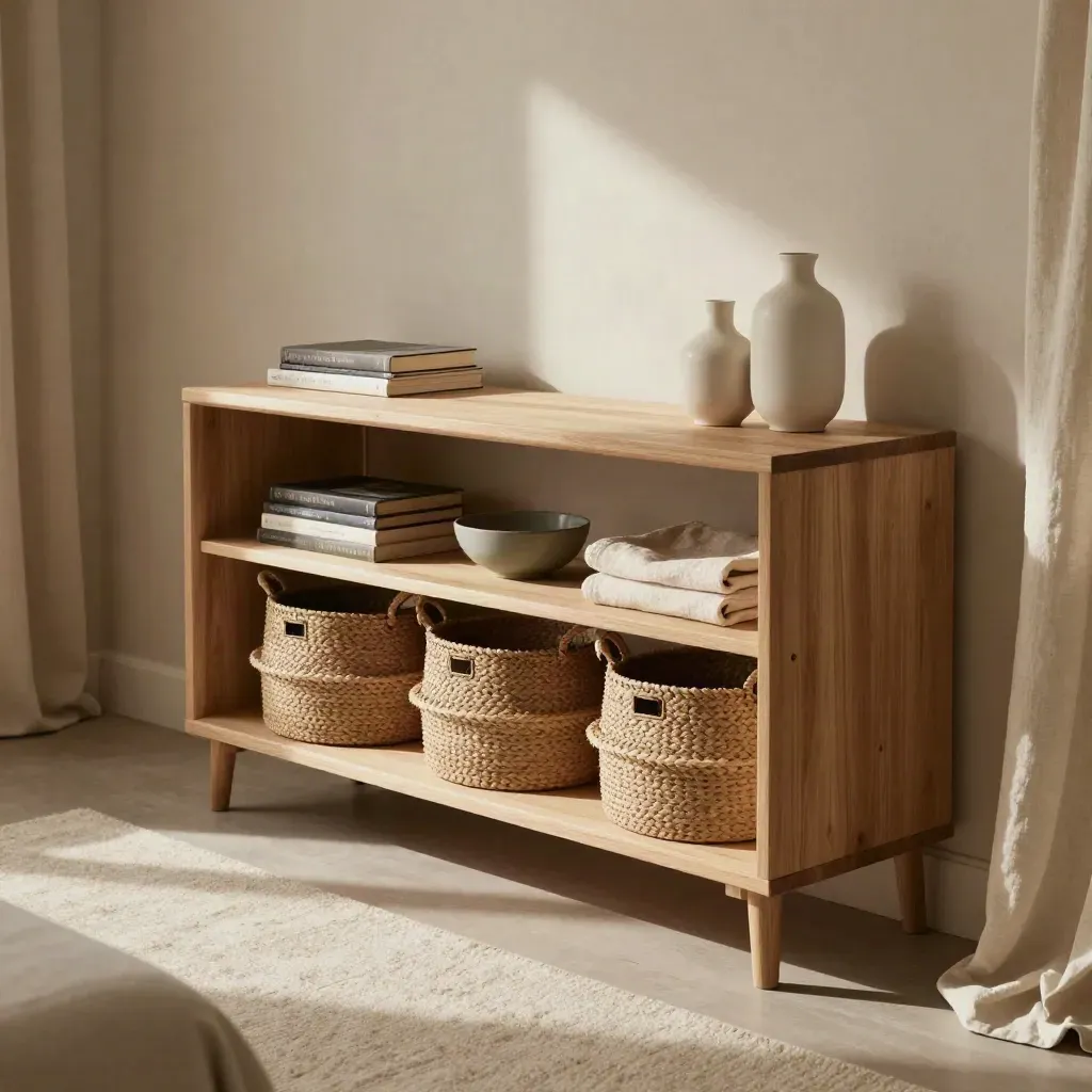 Tidied living room console with baskets, face-in books, and a sage bowl in soft daylight.