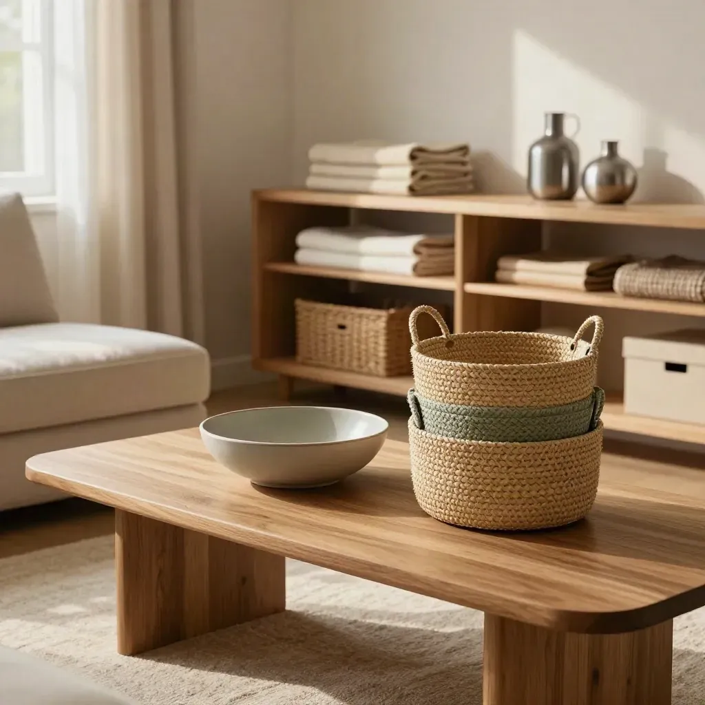 Condo living area with clear table, nested baskets, and tidy open shelf zones.