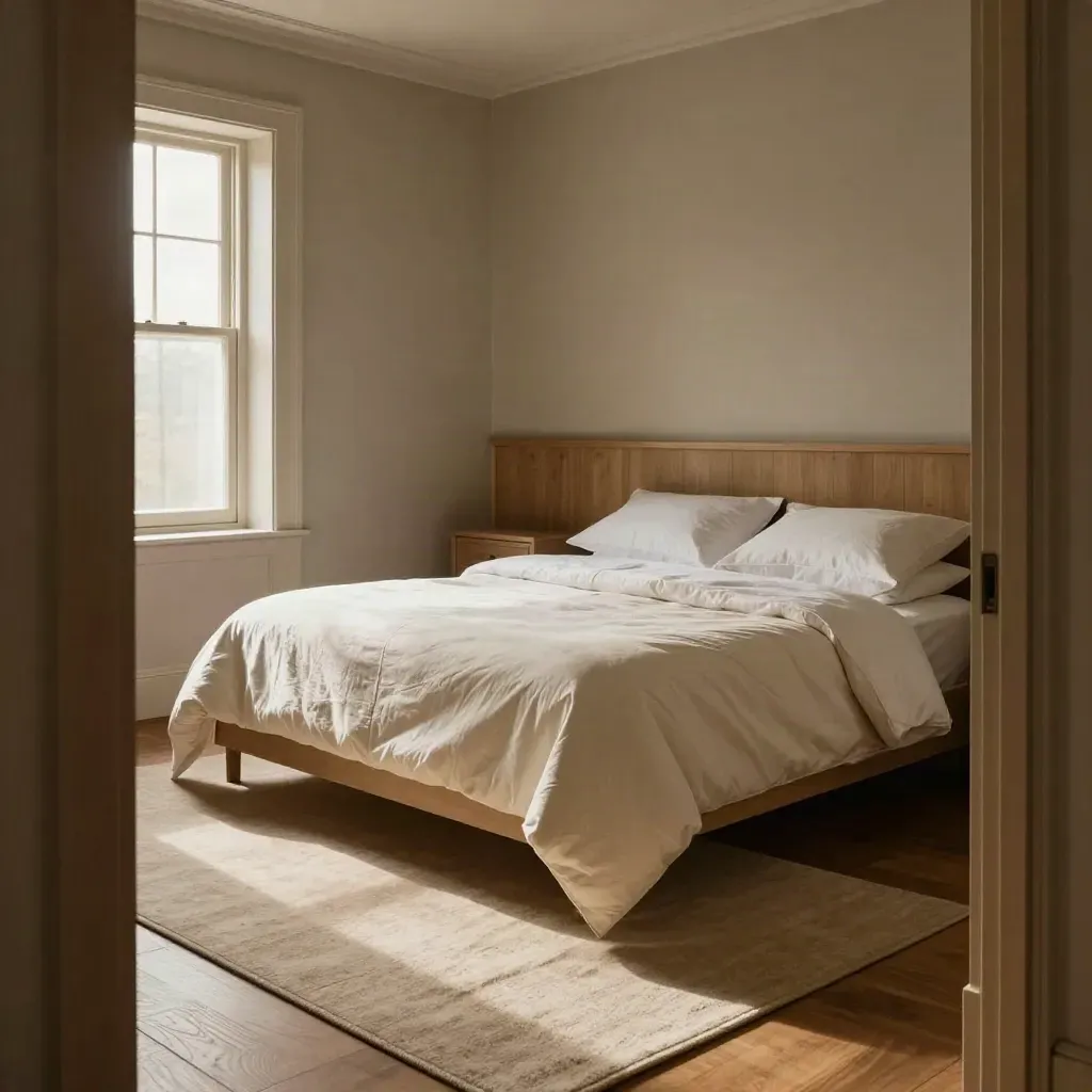 Fresh move-in bedroom with made bed, crisp trim, beige rug, and doorway view