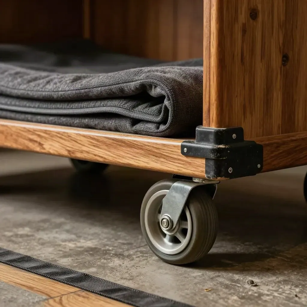 Dolly wheel, moving blanket and corner guard in a dusty warehouse move scene