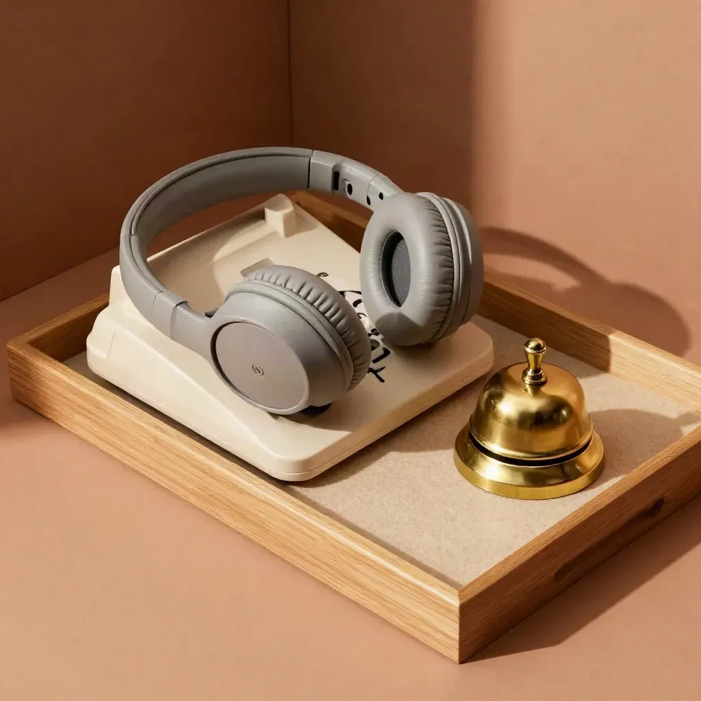 Overhead still life of a phone base, headset and brass bell on an oak tray in warm office light.