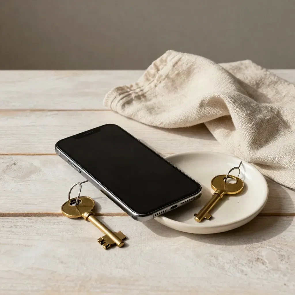 Dark phone, brass key, ceramic dish and folded cloth on pale wood for a booking setup.