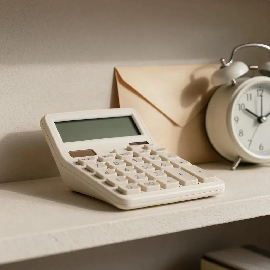 Calculator, sealed envelope, and small clock on a pale plaster shelf with soft side light.