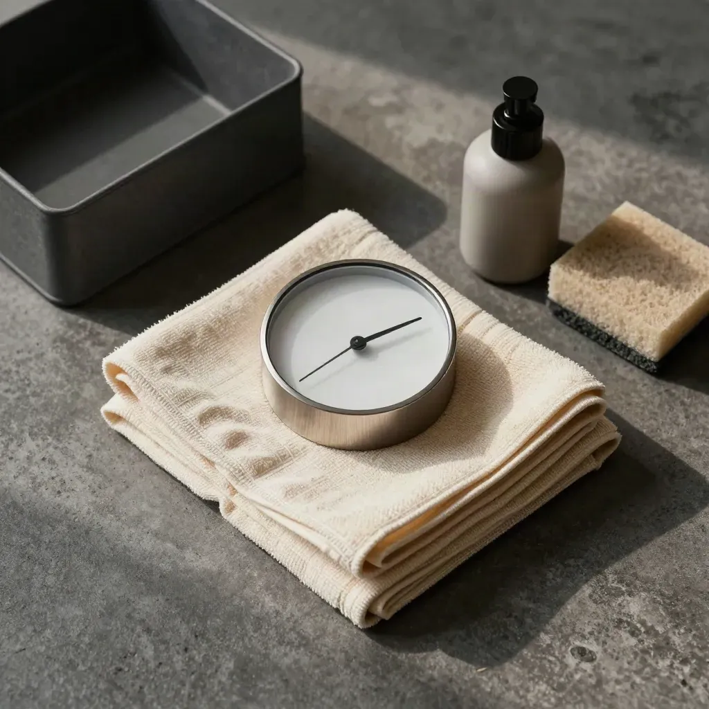 Top-down flatlay of a utility caddy, microfiber stack and timer on charcoal concrete
