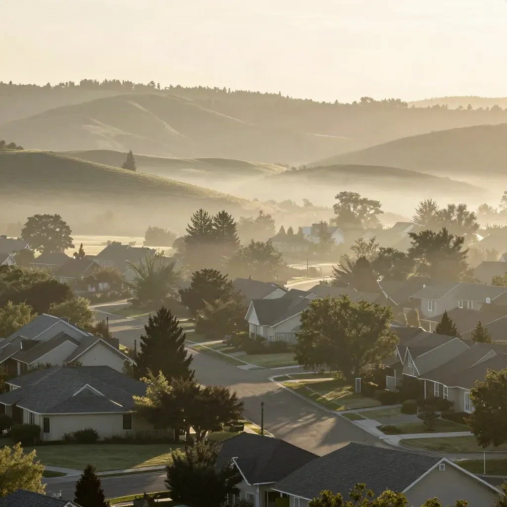 Hazy Hillsboro suburbs and rolling hills at dawn with rooftops high and calm open haze below.