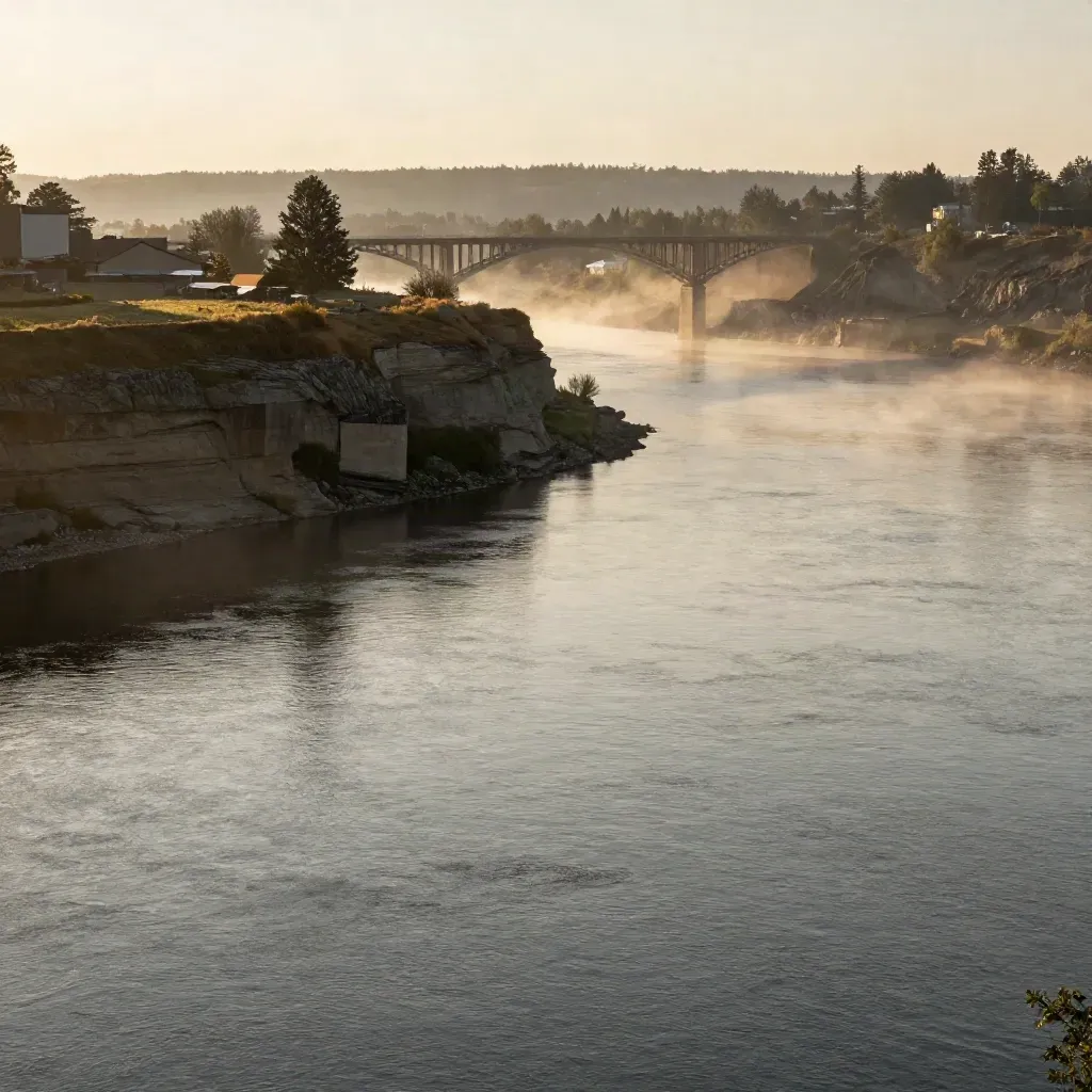 Willamette River with Oregon City bluffs and bridge spans in warm dawn mist
