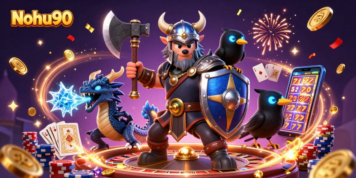Nohu90 brings excitement alive with Viking warrior, dragon, and coins in a thrilling casino scene.