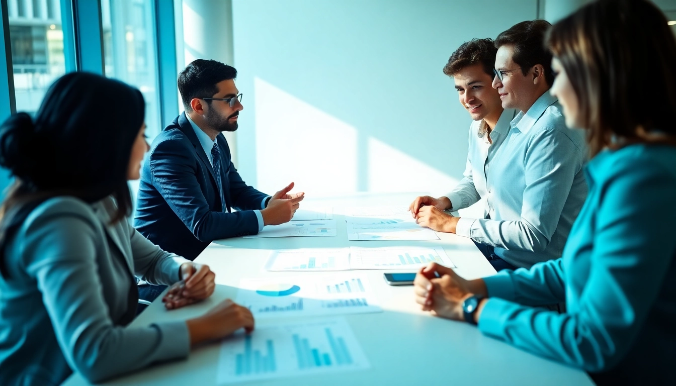 A business team discussing grants and pre-post award compliance strategies in a bright, modern office.