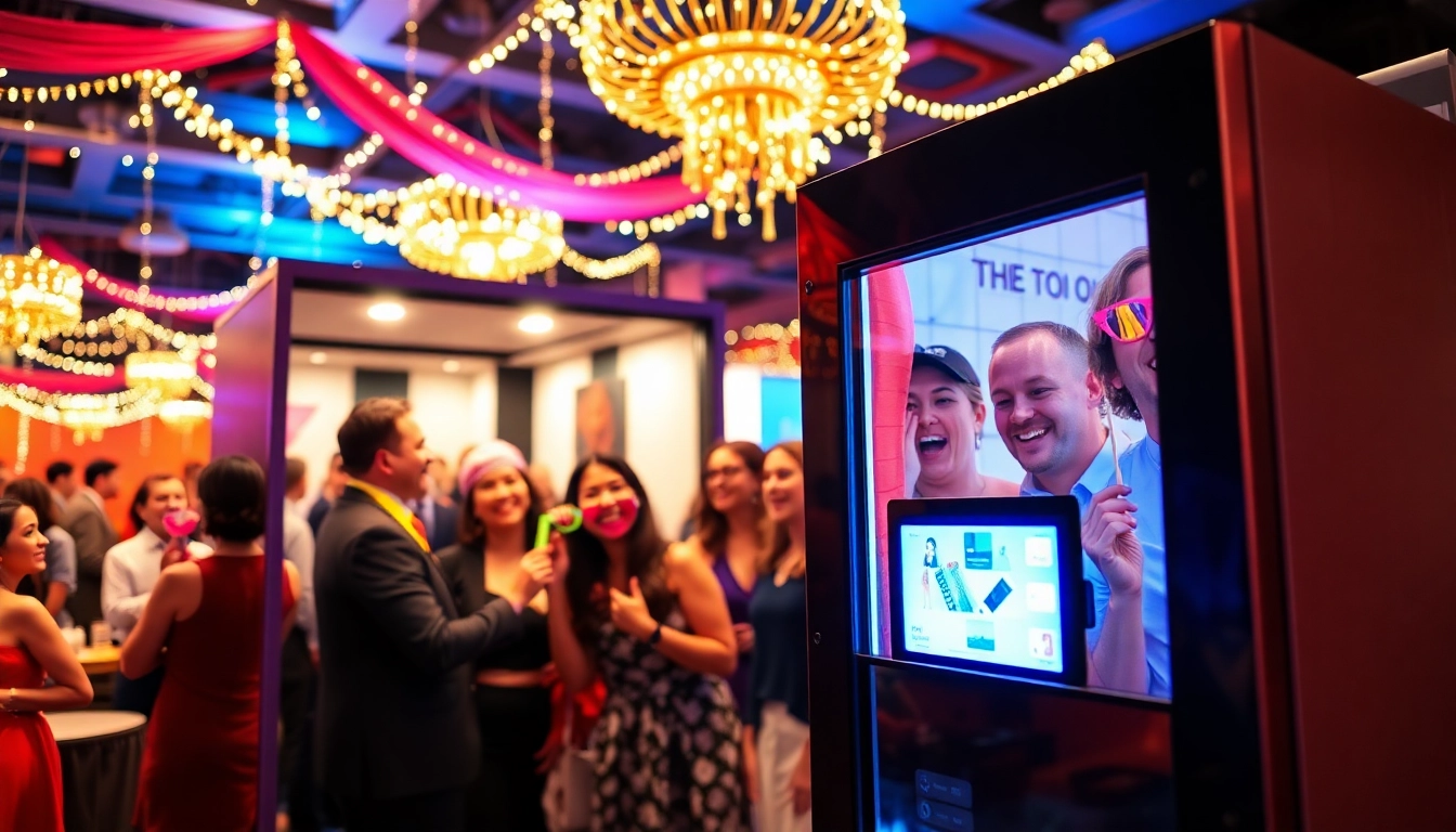 Guests enjoying a lively photo booth chicago experience at a festive event with colorful props.