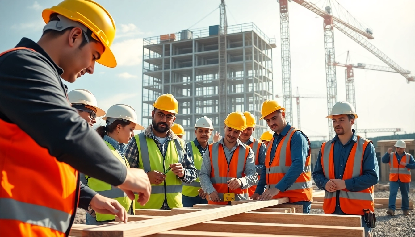 Construction apprenticeship program highlighting skilled workers collaborating on-site.