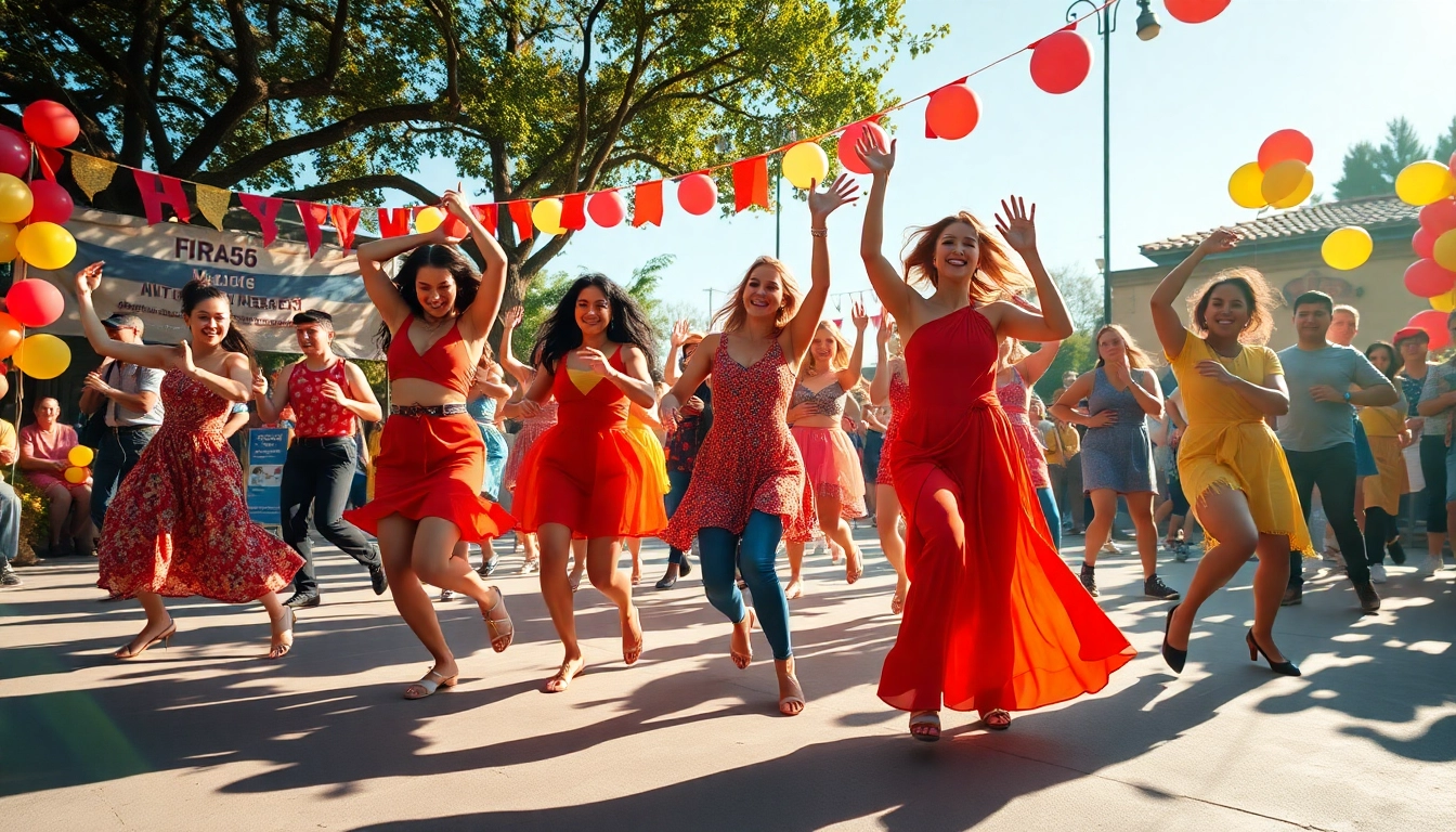 Movin and groovin dancers perform joyfully in a vibrant outdoor festival.