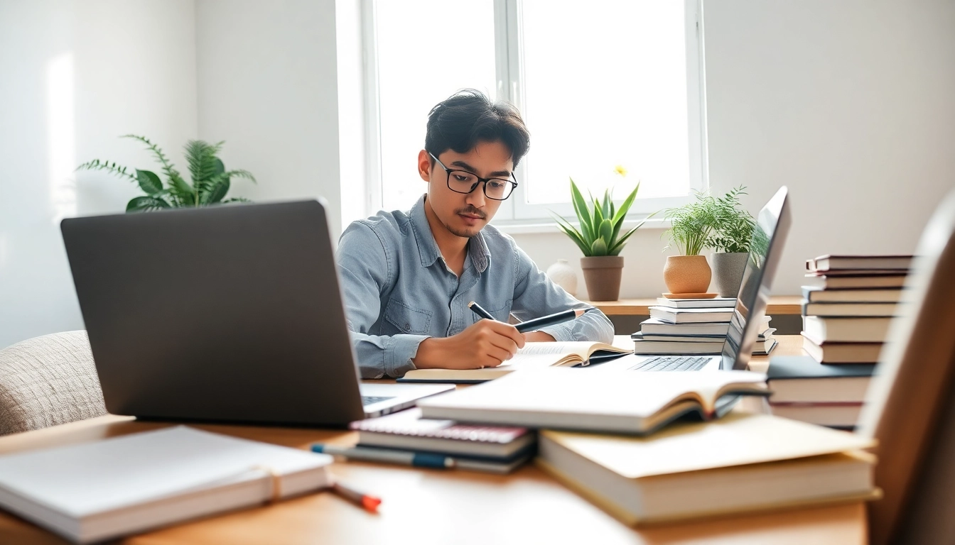 Engaged student receiving exam help in a bright home office filled with study resources.