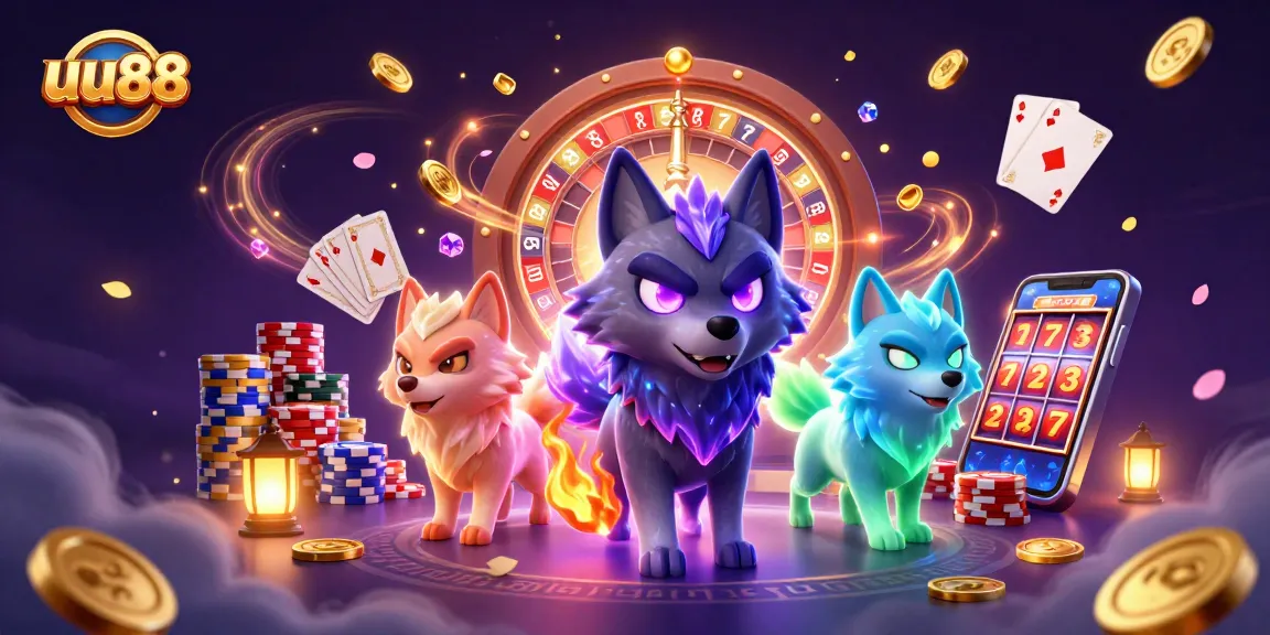 Experience the excitement of uu88 with ghostly wolves and vibrant casino elements in this dynamic illustration.