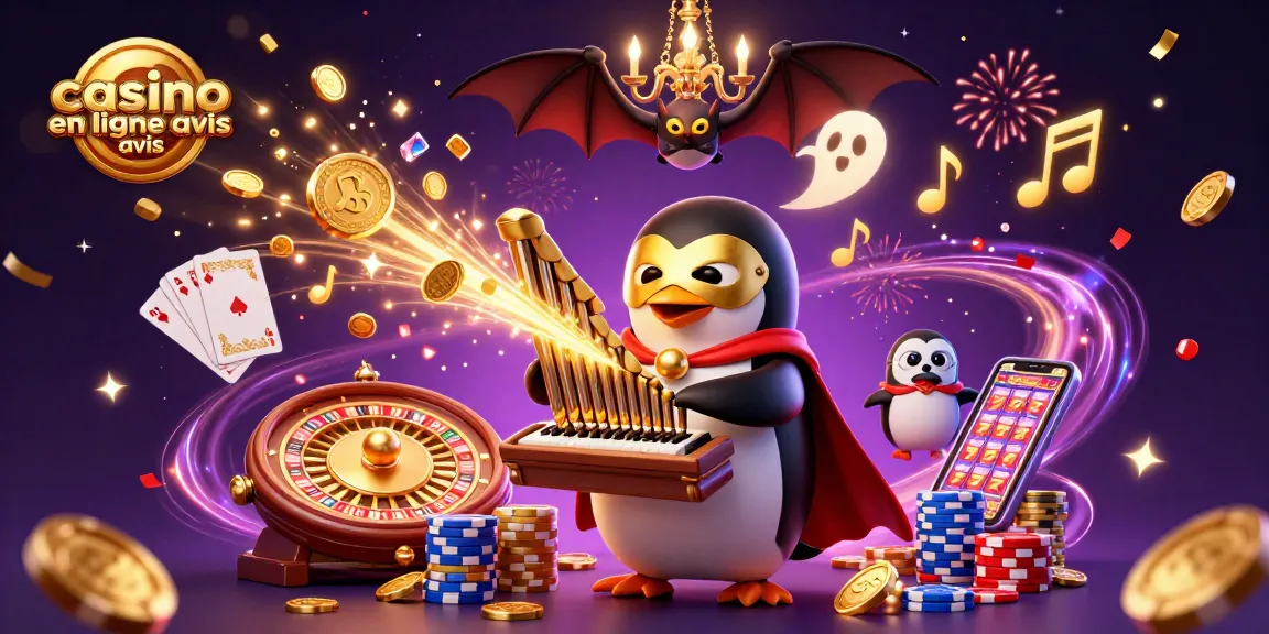 Avis de casino en ligne : une illustration du penguin opératique jouant de l'orgue avec des pièces d'or s'envolant