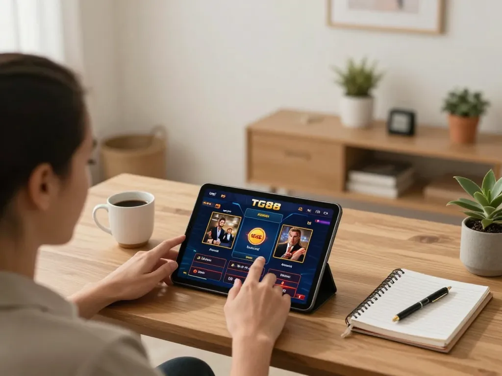 Player using the TG88 app on tablet in a cozy home setting, emphasizing responsible online gambling.