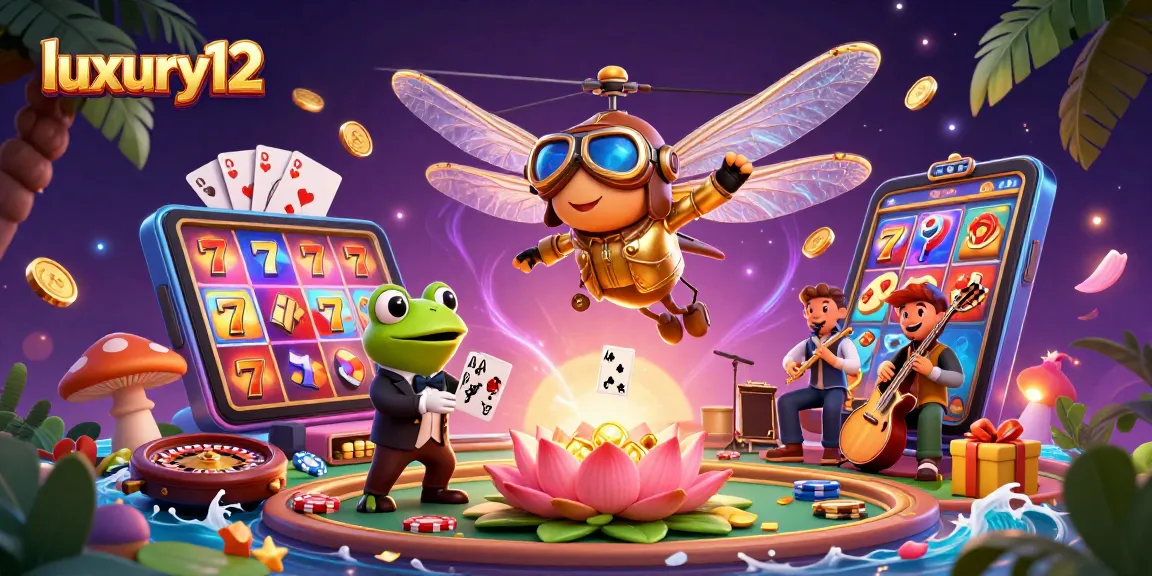 Experience luxury12 with vibrant slot games and a dynamic casino scene featuring a dragonfly pilot.