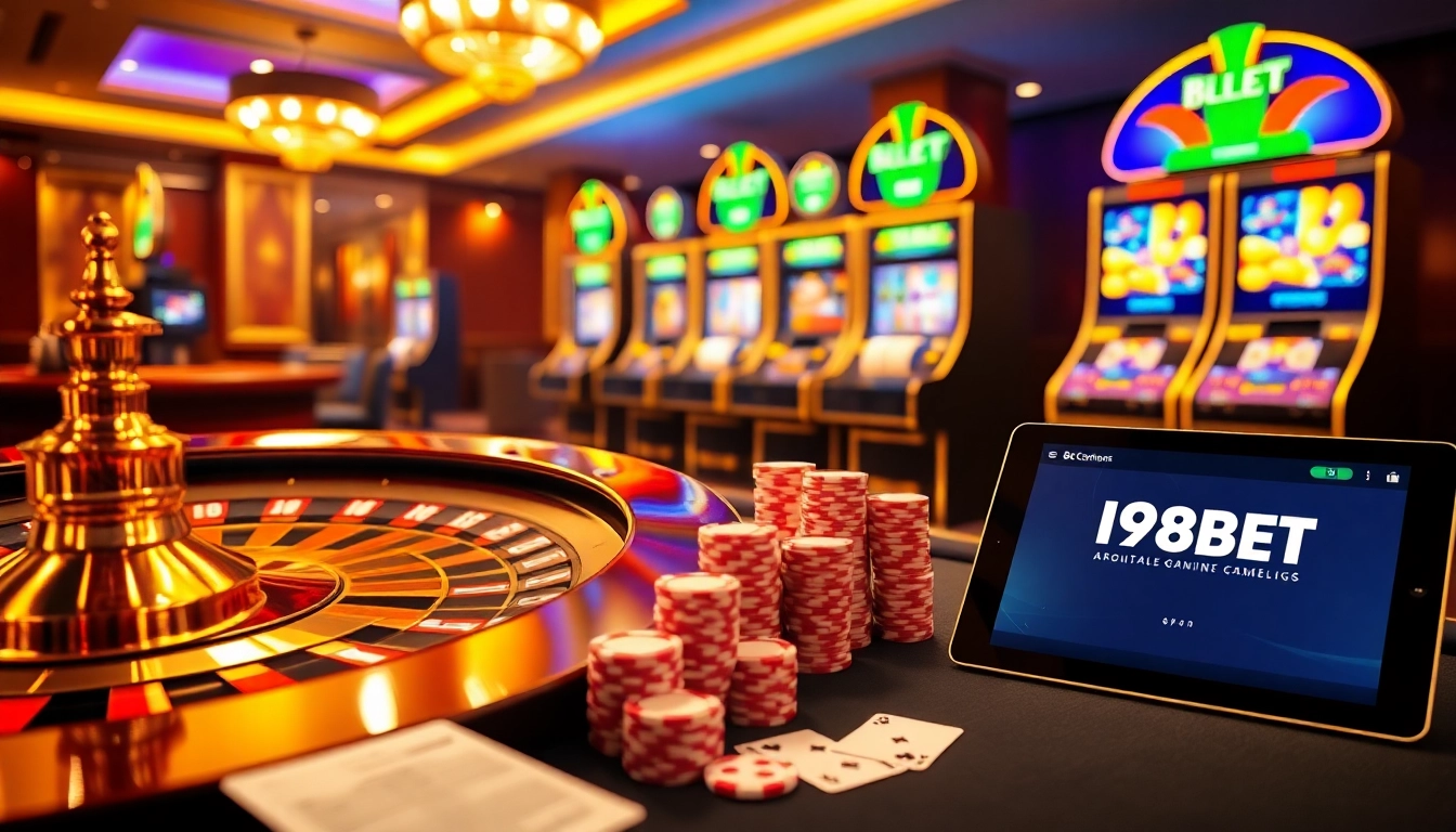 Exciting online gambling atmosphere featuring I9BET, roulette, poker chips, and vibrant slot machines.