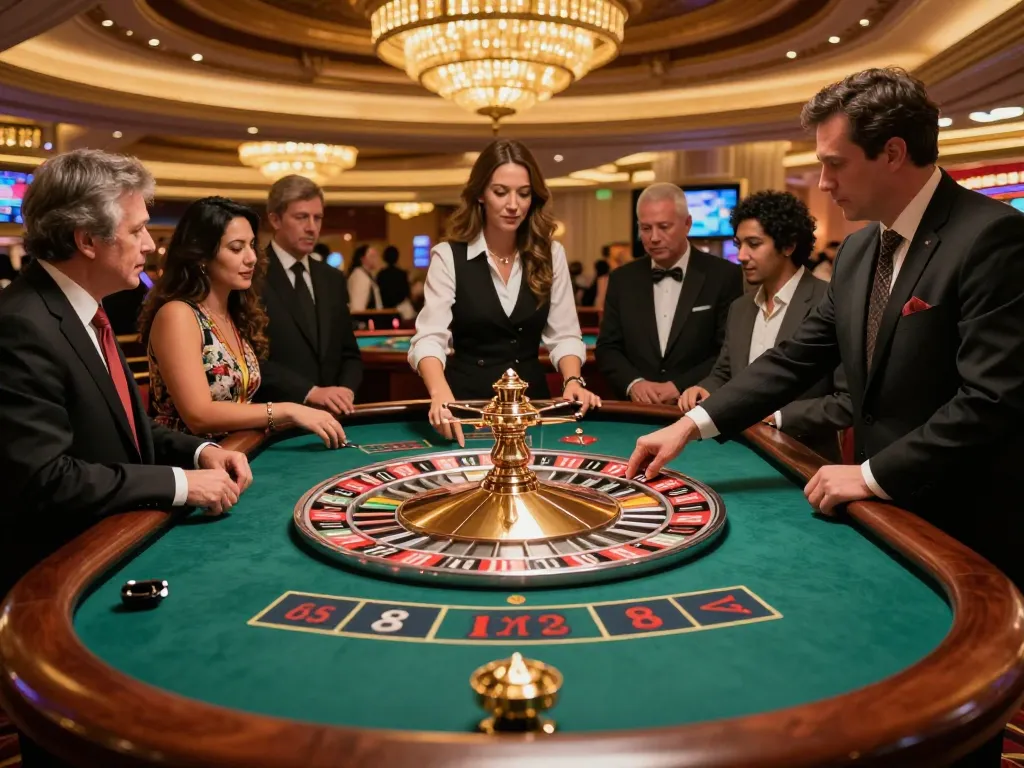 Experience the thrill of sc8885 at an elegant roulette table in a vibrant casino atmosphere.