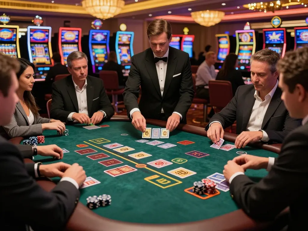 Players at F168 blackjack table strategizing bets in vibrant Las Vegas casino atmosphere.