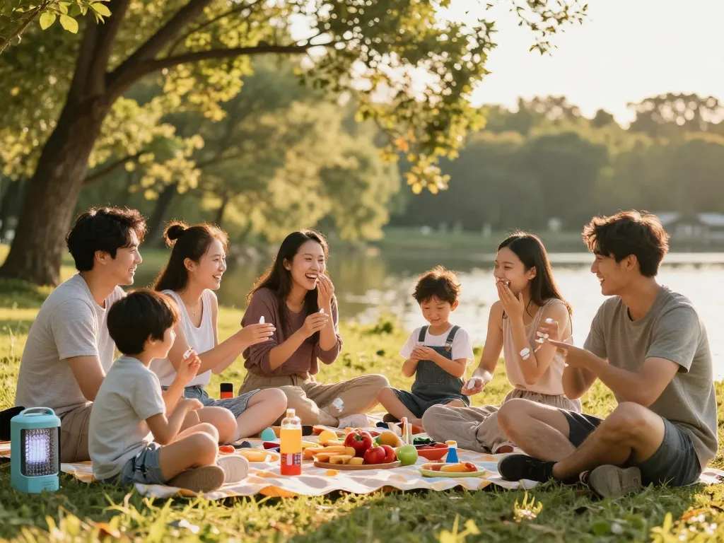 Group enjoying a picnic with mosquito repellent applied, outdoor fun.