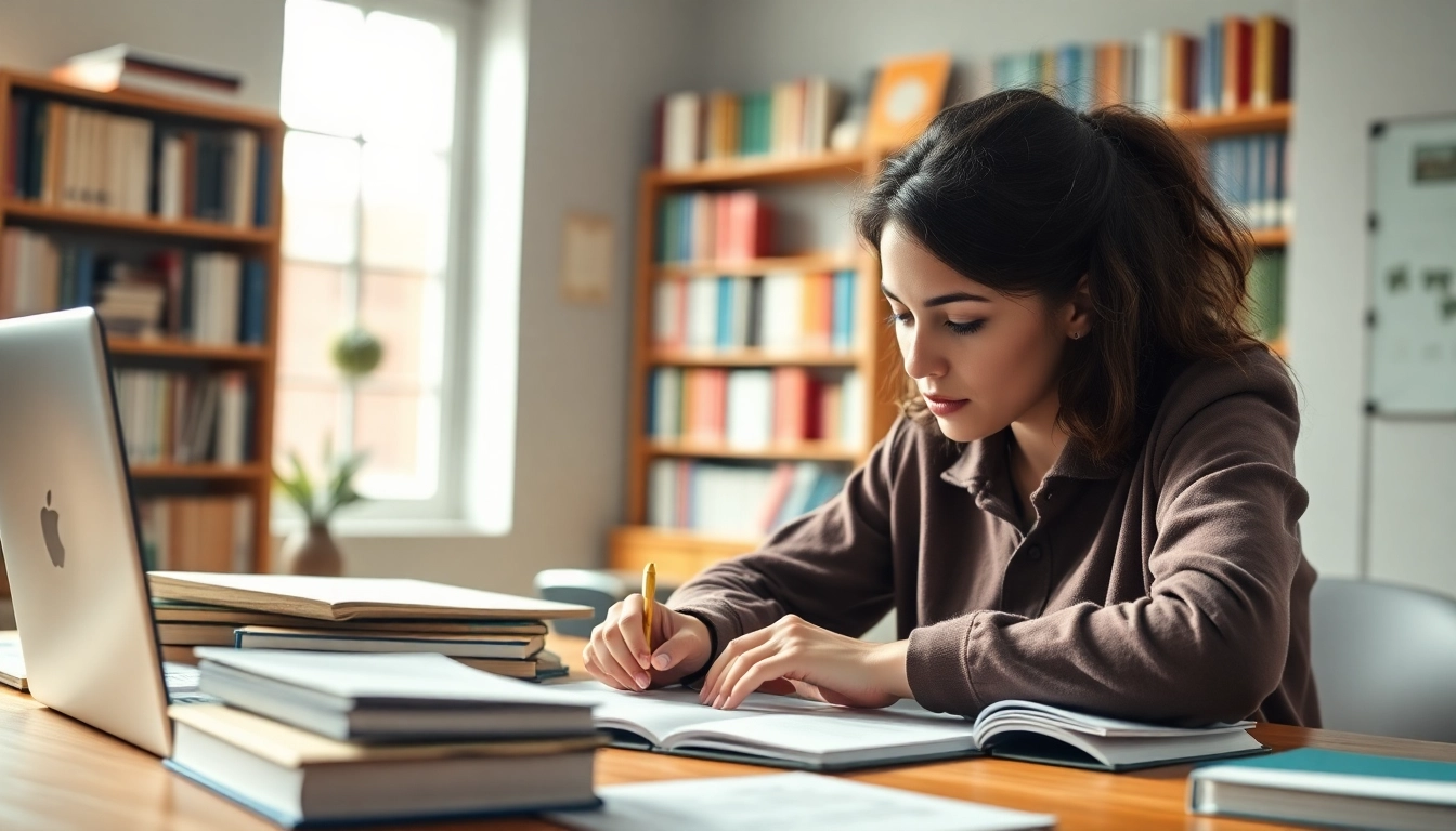 Student focused on exam preparation surrounded by study materials for effective learning.