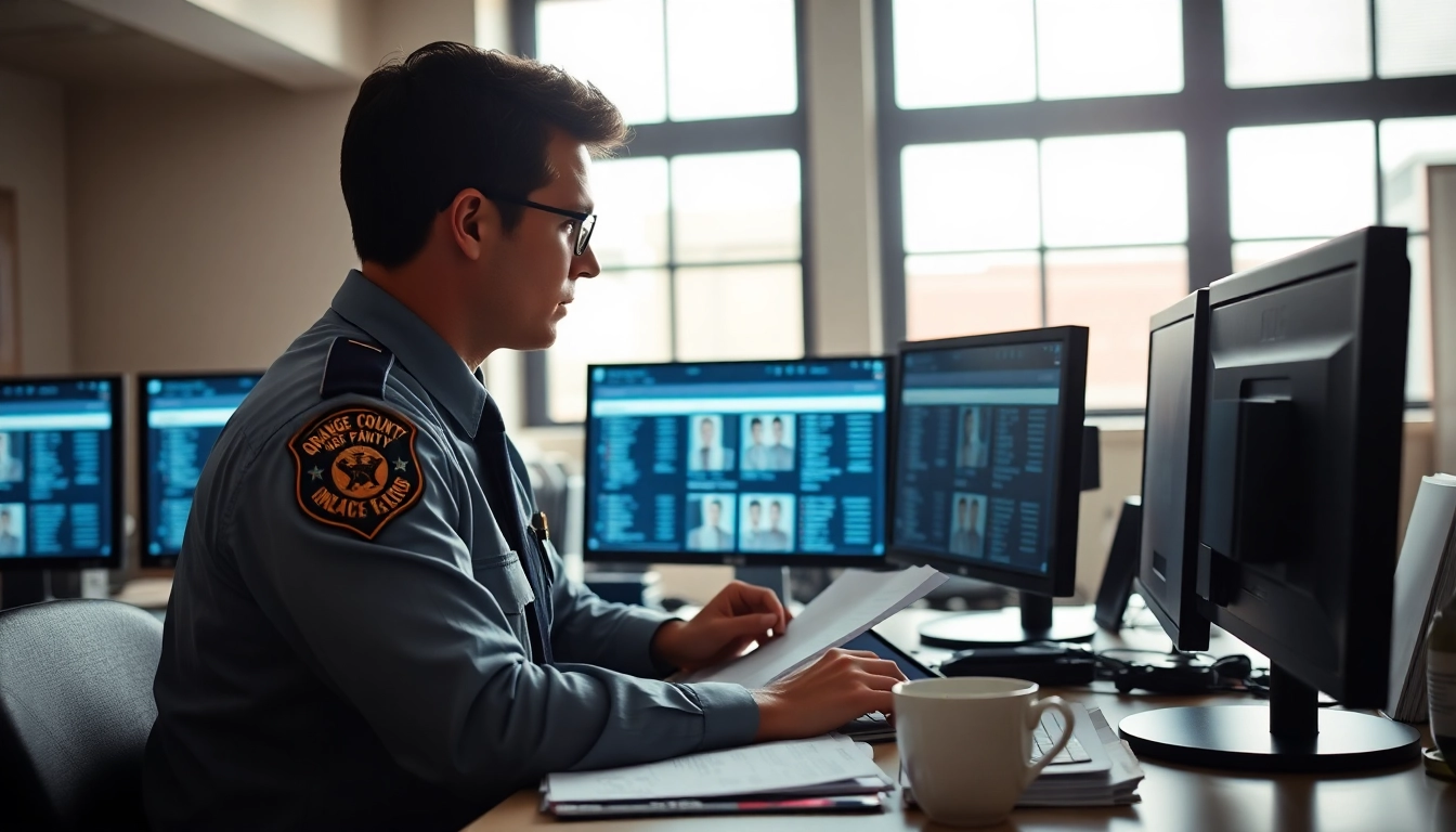 Conducting an Orange County Inmate search with research tools at an organized office desk.