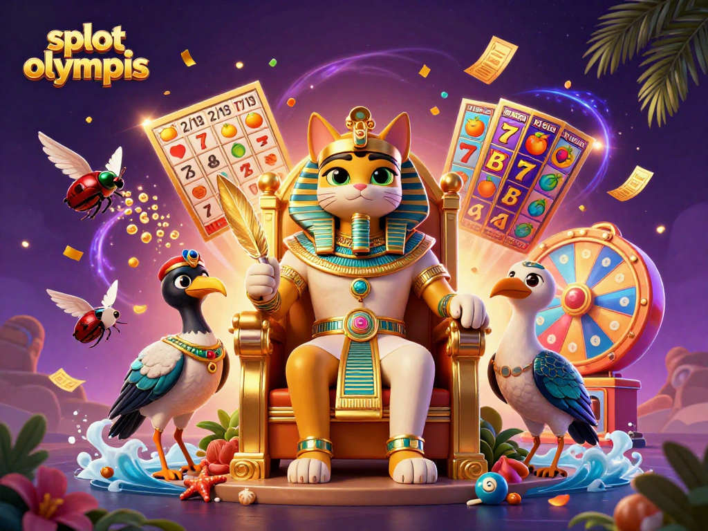 Engage with slot olympus reels while enjoying vibrant 3D artwork of Egyptian pharaoh cat and dynamic casino elements.