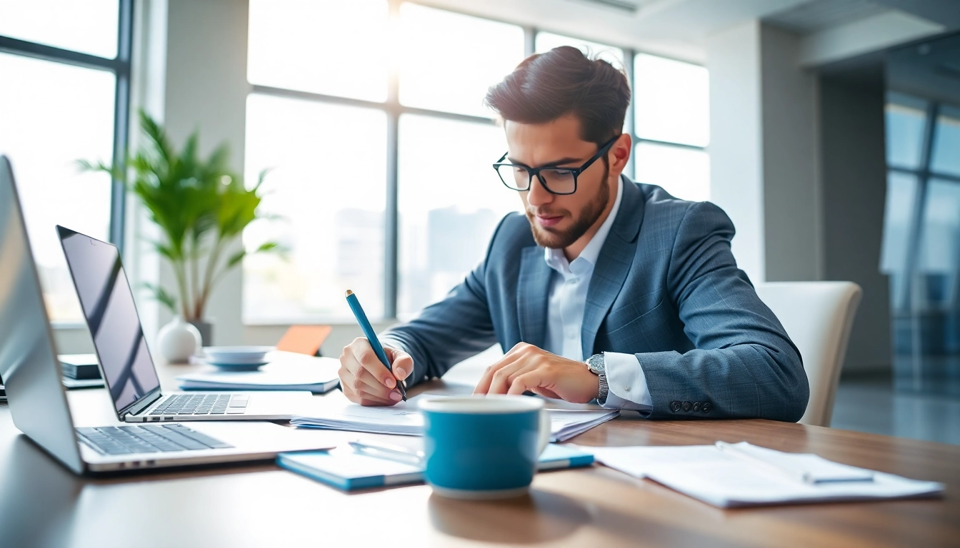 Complete an LLC formation form in a professional workspace with focus and determination.