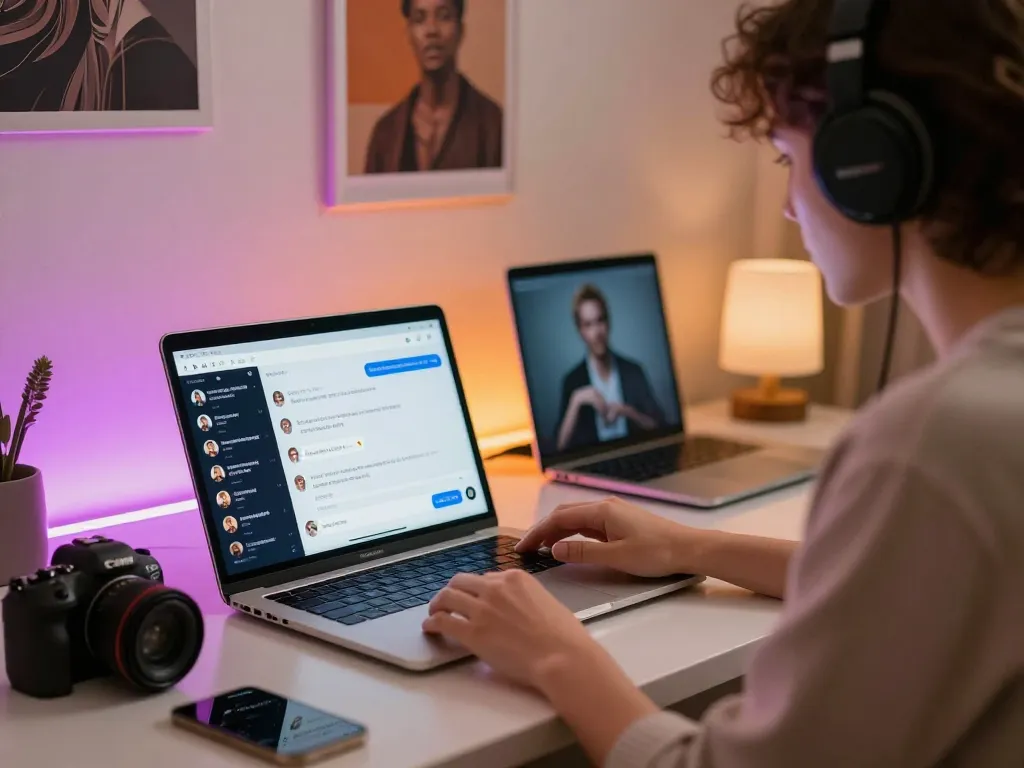 Person engaging in nsfw ai chat with a stylish laptop and colorful LED lights.