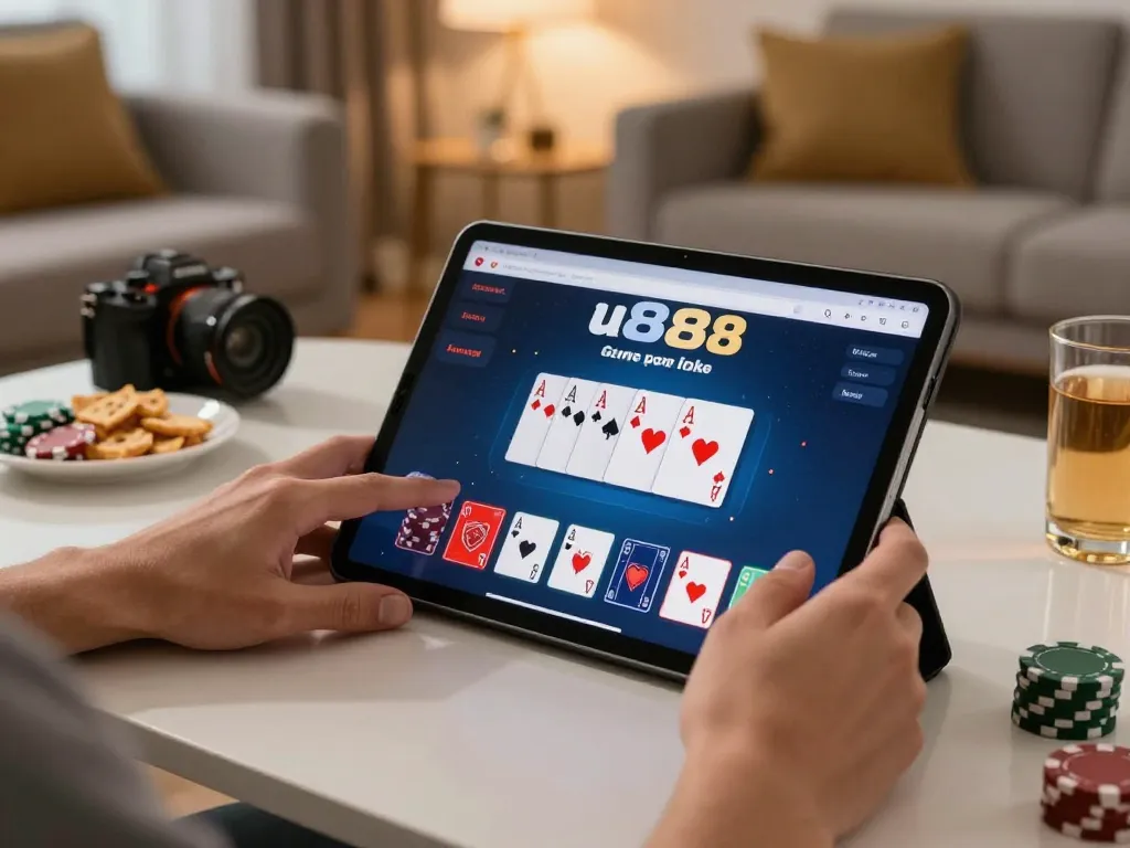 Engaging with u888poker on a tablet, showcasing a dynamic online poker scene at home.