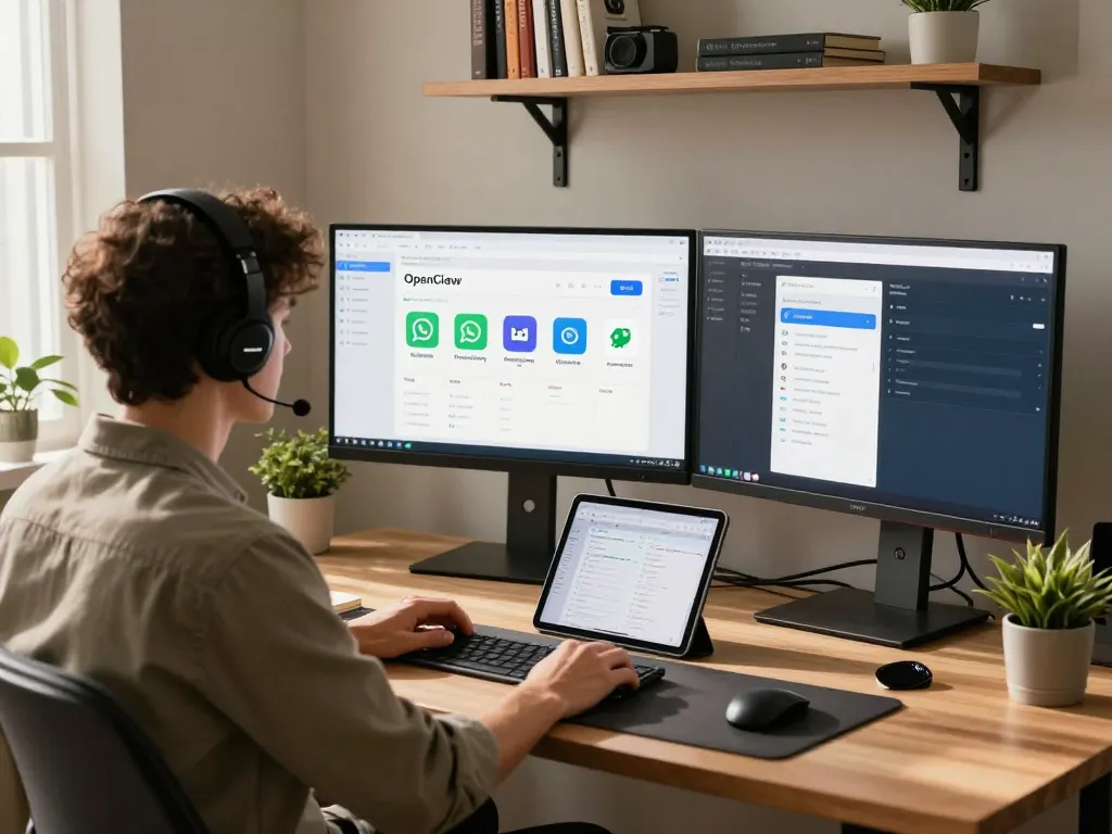 OpenClaw deployment setup in a home office with dual monitors and tech integrations.