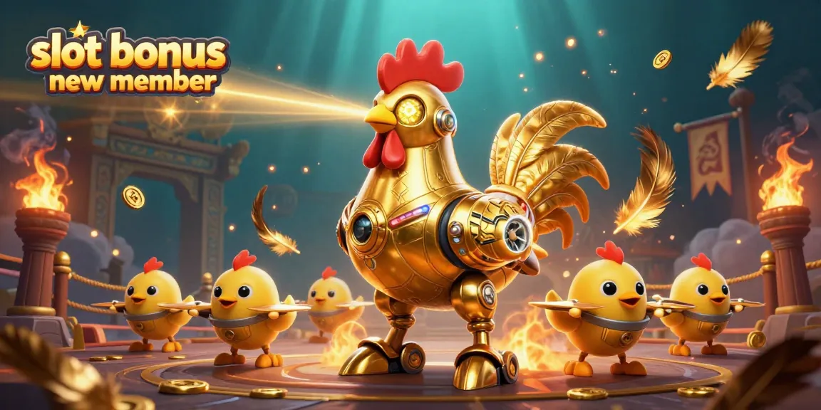 Win with the slot bonus new member in a vibrant casino scene featuring a golden robot.