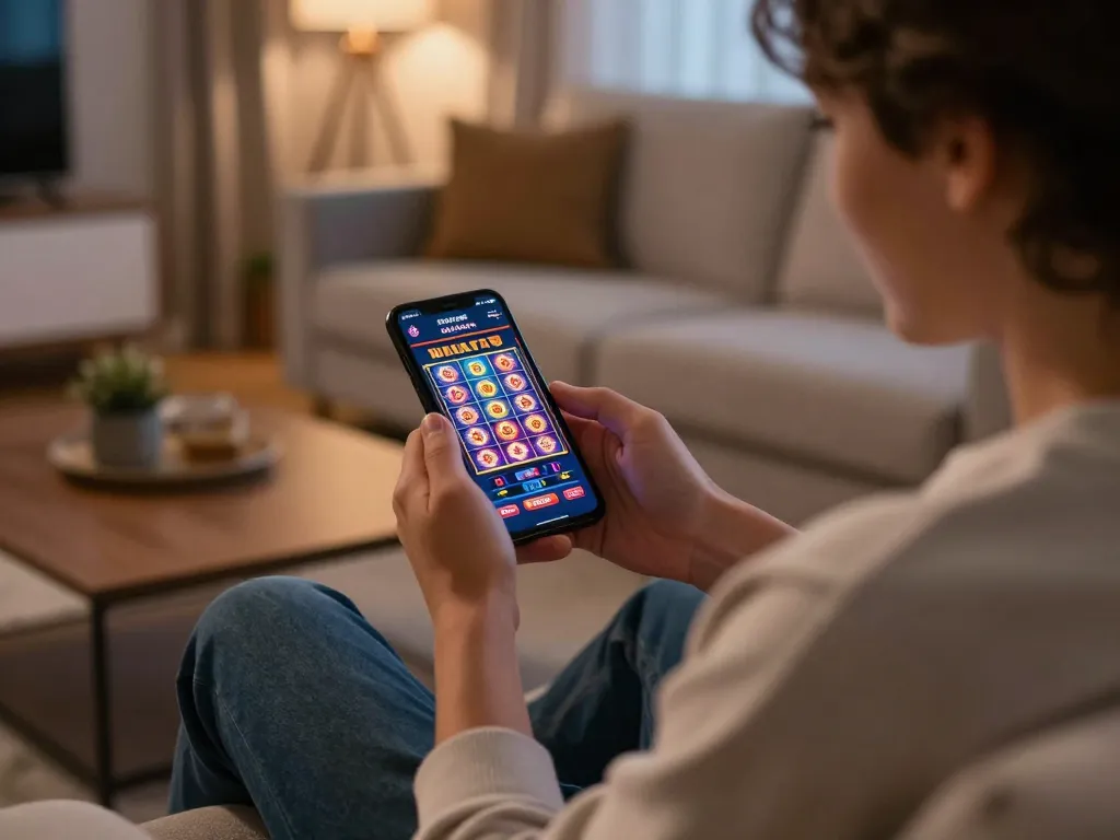 Engaged player enjoying BUKA77 online slots on smartphone in a cozy living room.