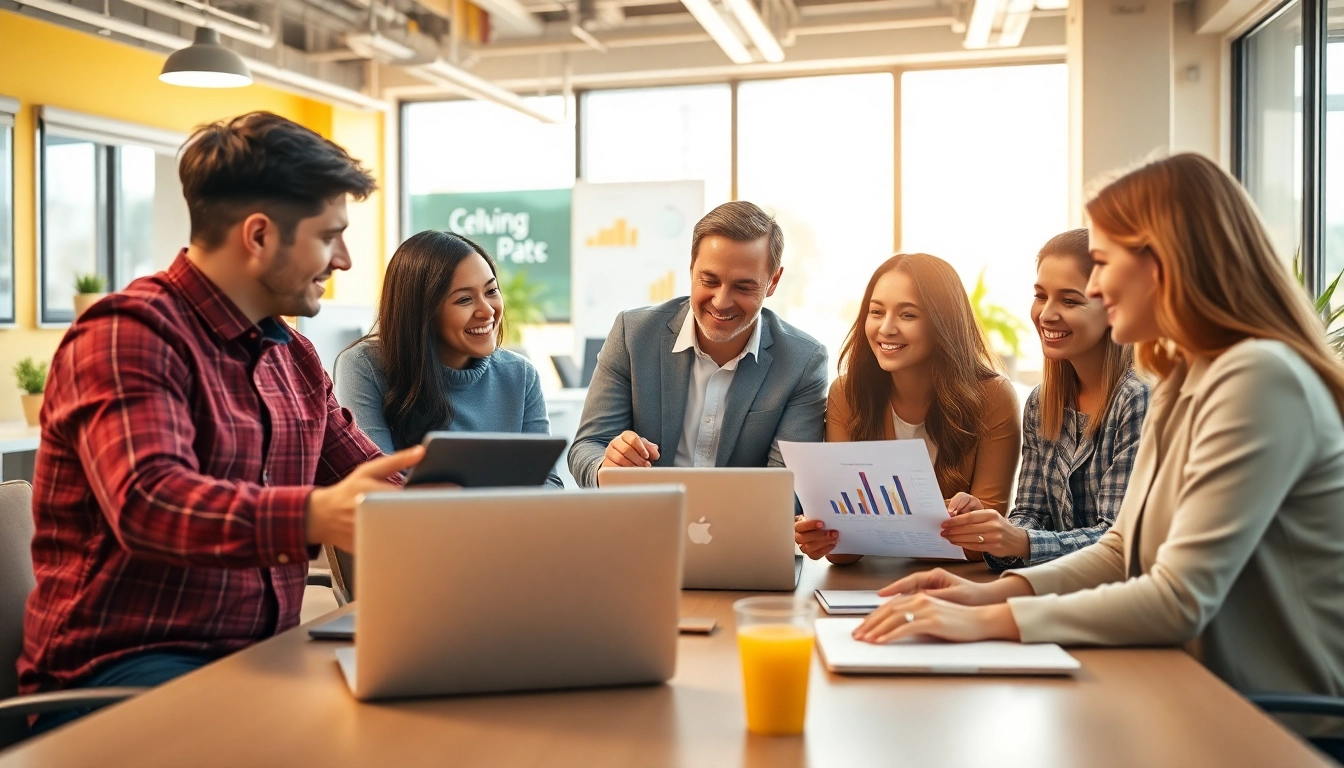 Enhancing social media marketing edmonton strategies through teamwork in a bright office environment.