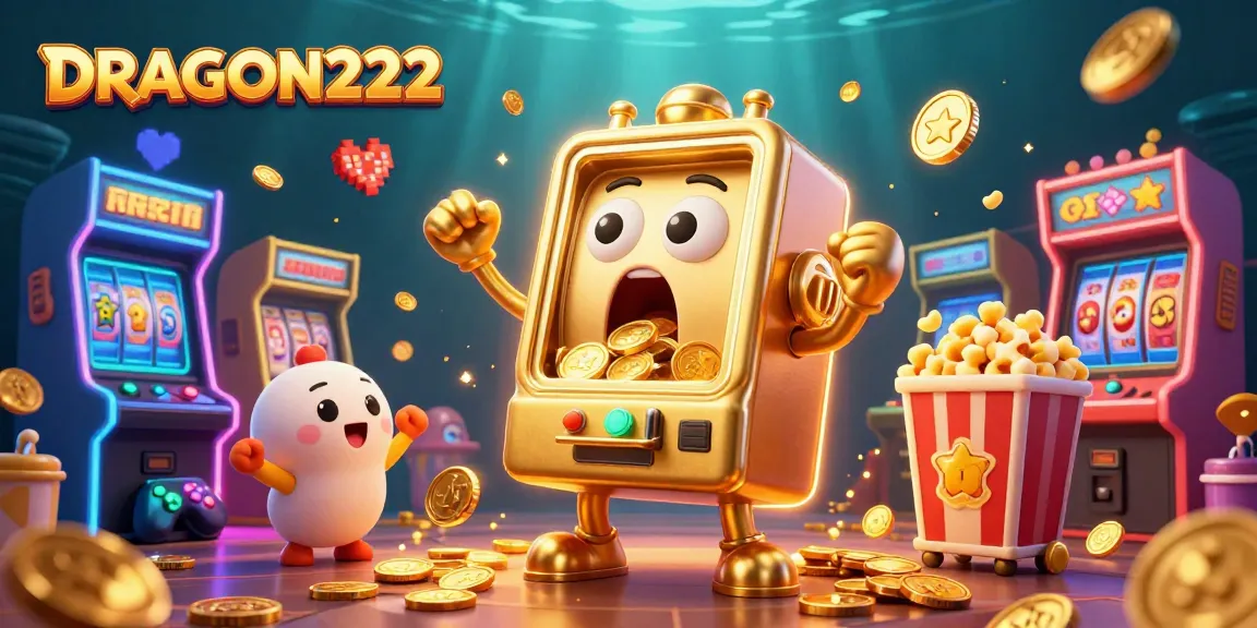 Win big at DRAGON222 with our vibrant illustration of a golden slot machine celebrating a jackpot surrounded by cheer.