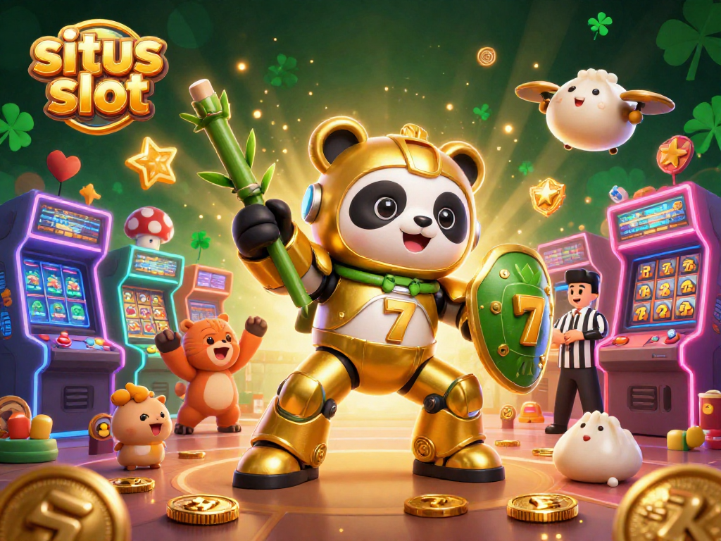 Gambarkan pengalaman bermain di situs slot dengan panda emas bertema kasino di tengah suasana penuh warna.