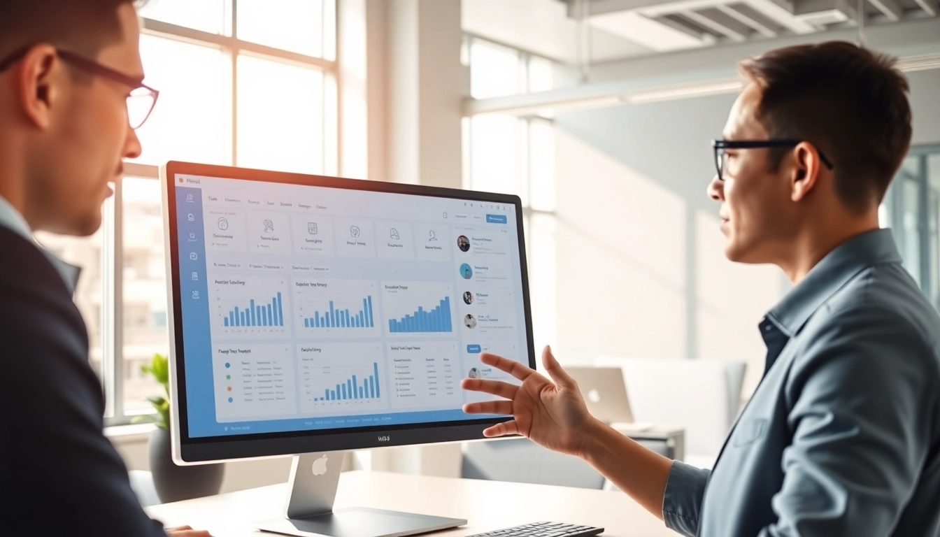 Showcasing enterprise assistant software on a computer screen in a professional office.