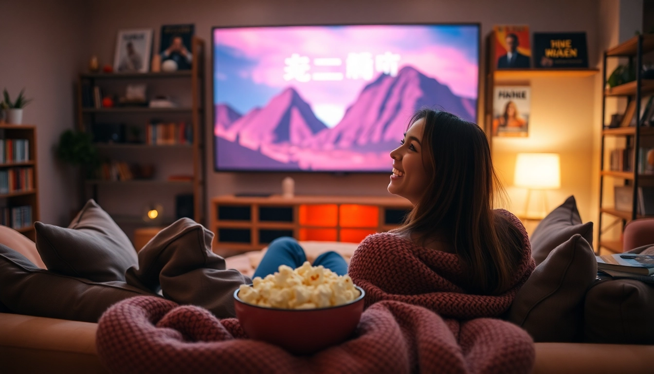 Enjoying หนังออนไลน์ in a cozy living room with popcorn and soft lighting.