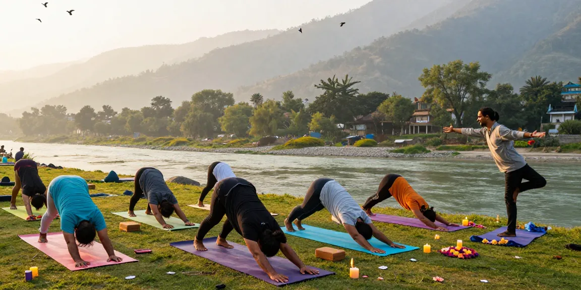 Best yoga teacher training in Rishikesh India with diverse students practicing yoga by the sacred River Ganga.