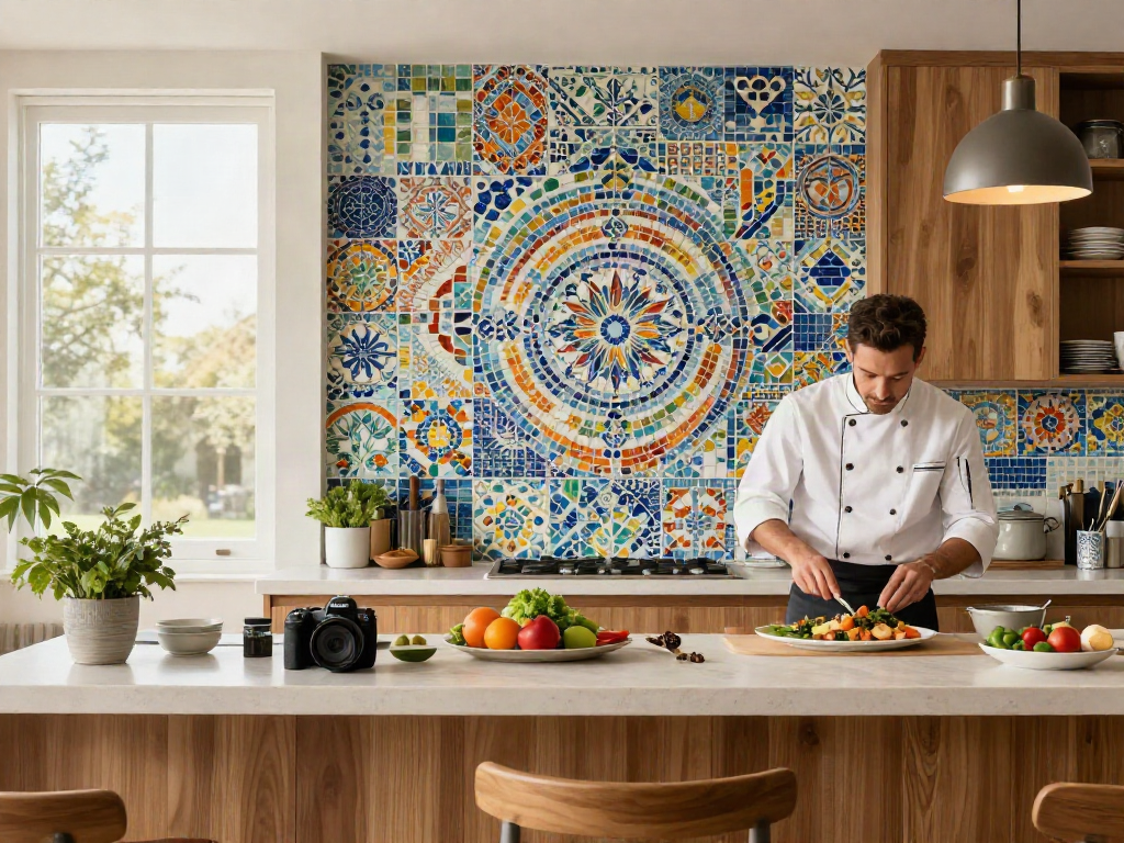 Mosaic tiles Sydney beautifully displayed in a modern kitchen with fresh ingredients and a home chef.