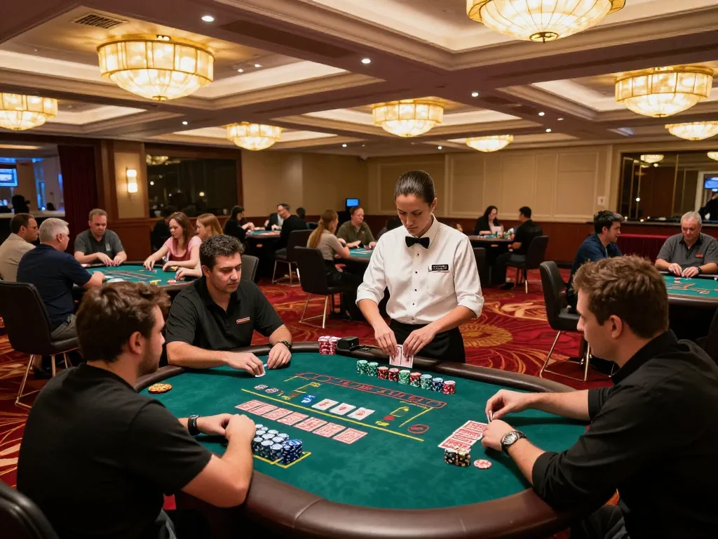 123b players strategically placing bets at blackjack tables in a glamorous casino setting.