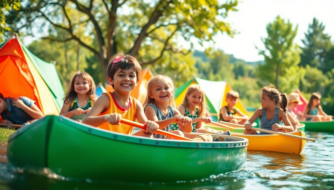 Children enjoying activities at a summer childrens camp, featuring outdoor fun and vibrant interactions.