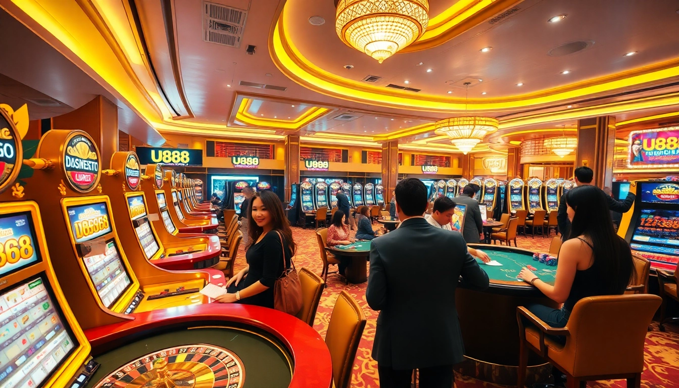U888 casino floor filled with engaging players at exciting gaming tables and slot machines.