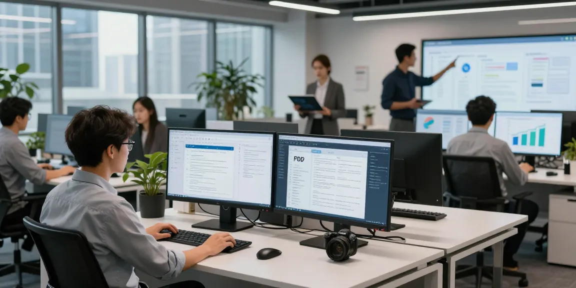 Professionals detect fraud in PDF documents using advanced AI technology in a modern office.