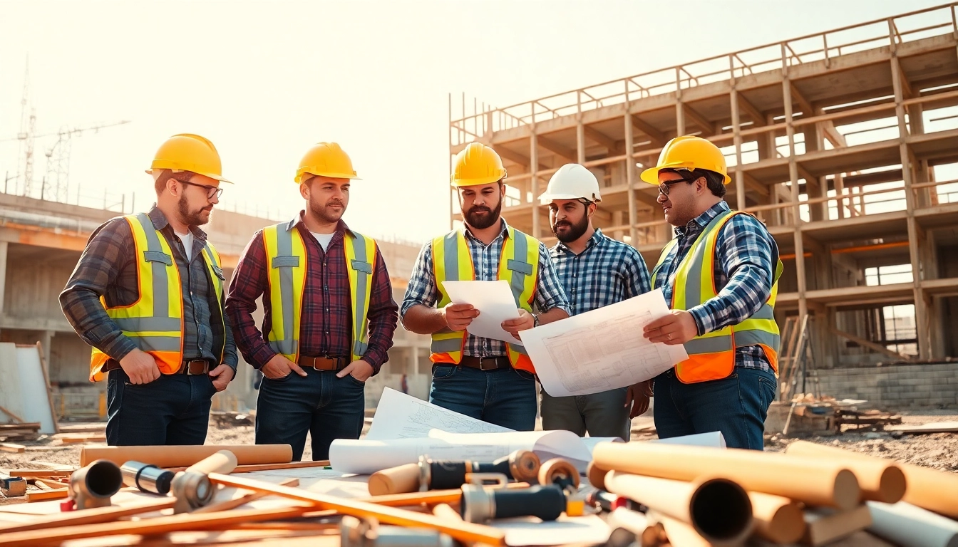 Construction member organization collaborating on a project at a busy construction site.