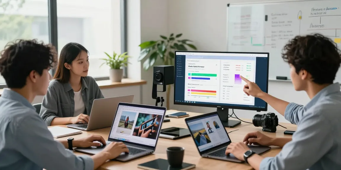 Free AI image detector results displayed on monitor during collaborative analysis in a tech workspace.