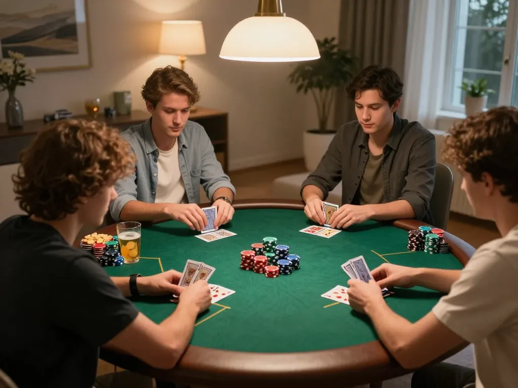 Players gather at a home poker night, engaging in cm88-yu gaming strategy discussion, with chips and drinks.