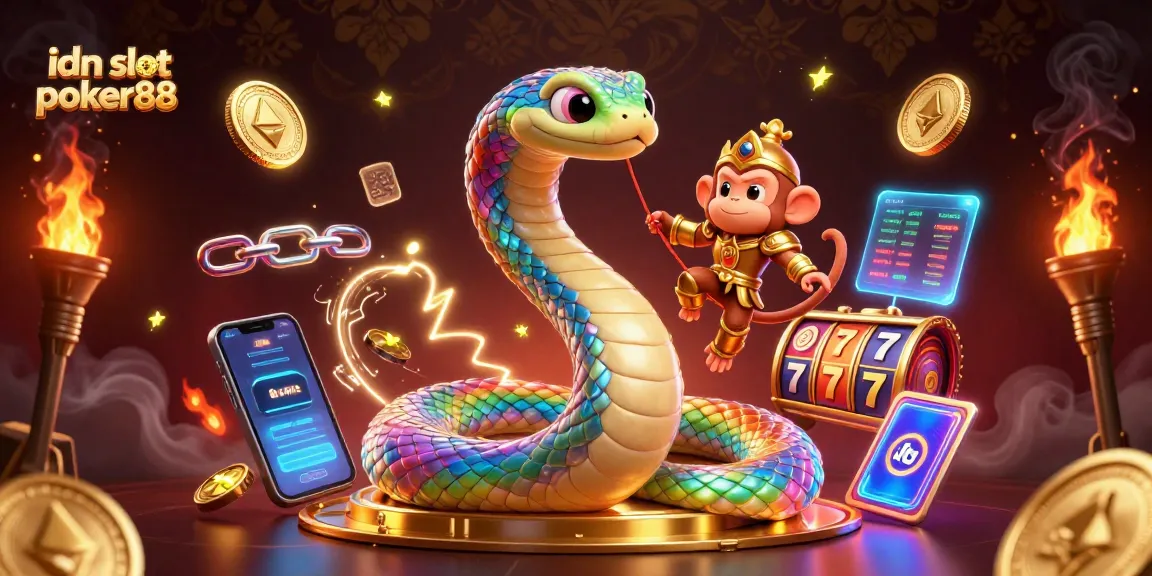 Play exciting slot games with idn slot poker88 in a colorful 3D illustration featuring crypto elements.