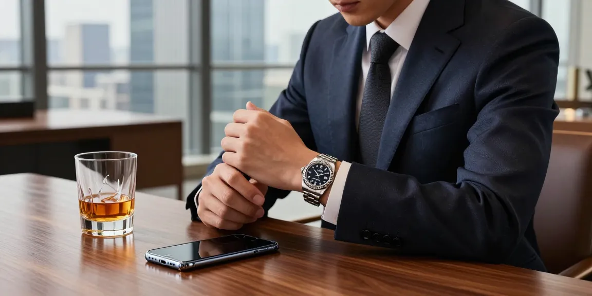 Man showcasing a luxurious rolex replica watch while enjoying whiskey in a modern high-rise.